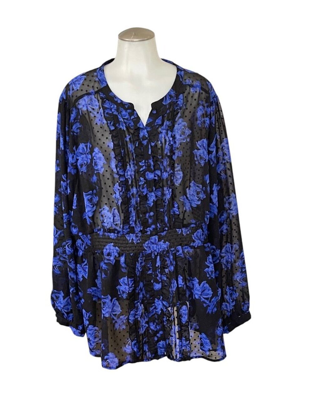 Torrid Sheer Black & Blue Floral Ruffle Blouse Long Sleeve Stretch Waist Size 2X